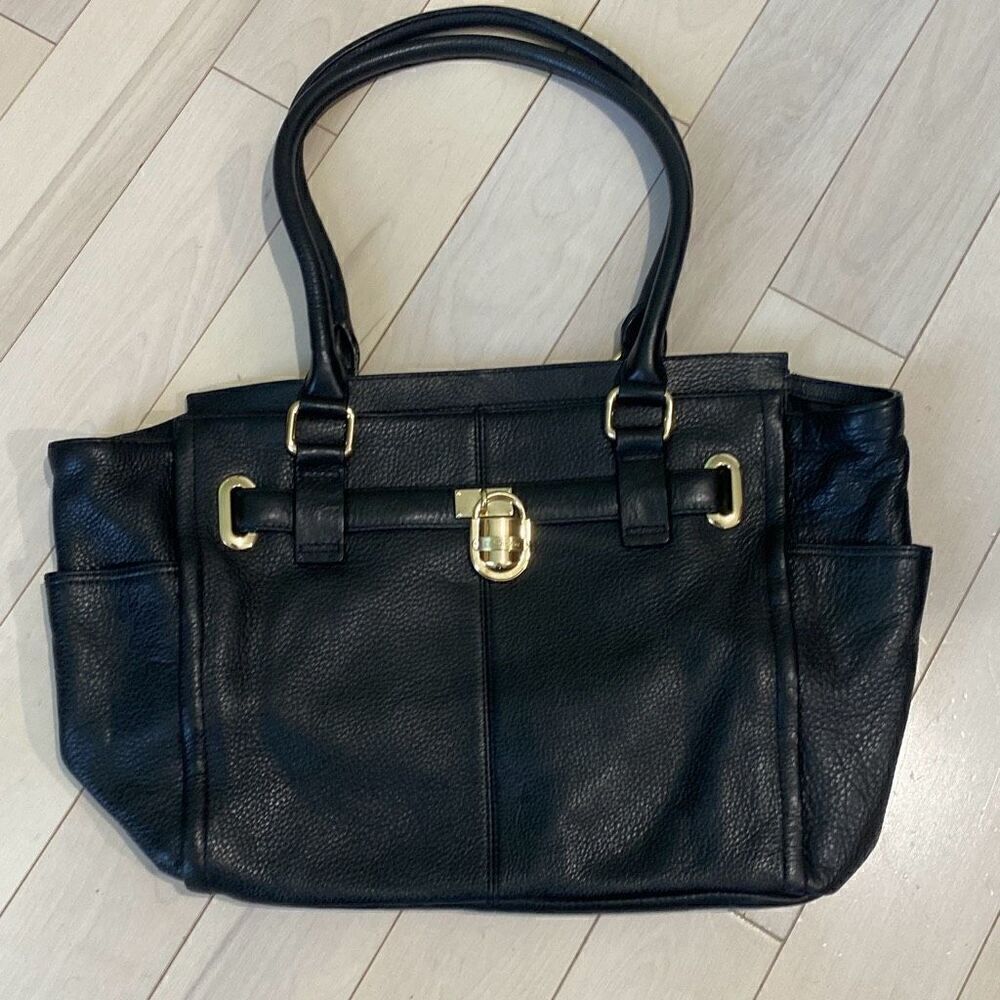 Calvin Klein Women's Leather Belted Bag Padlock Satchel Shoulder Bag Black